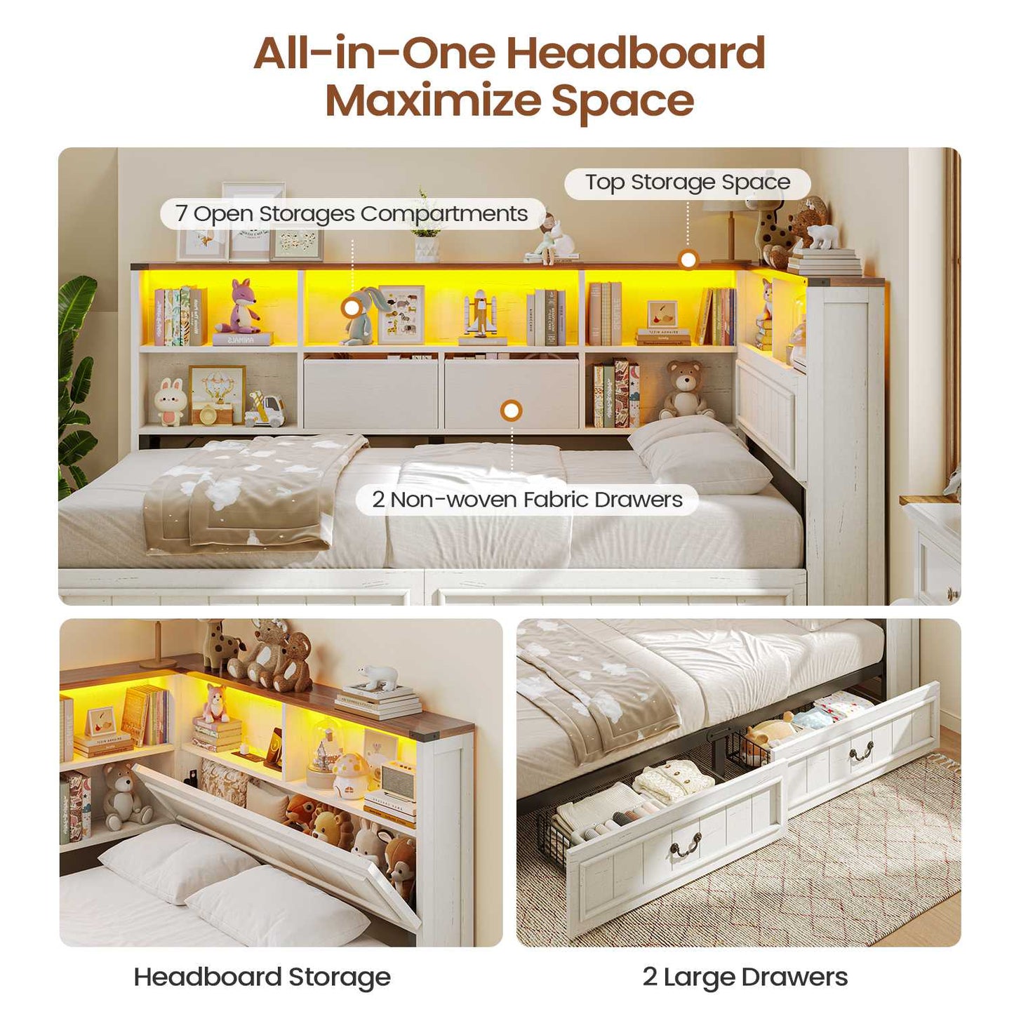 AOGLLATI Twin Corner Bed Frame with Storage Drawers and Bookcase Hidden Headboard Farmhouse Wood Daybed with Charging Station and Led Lights