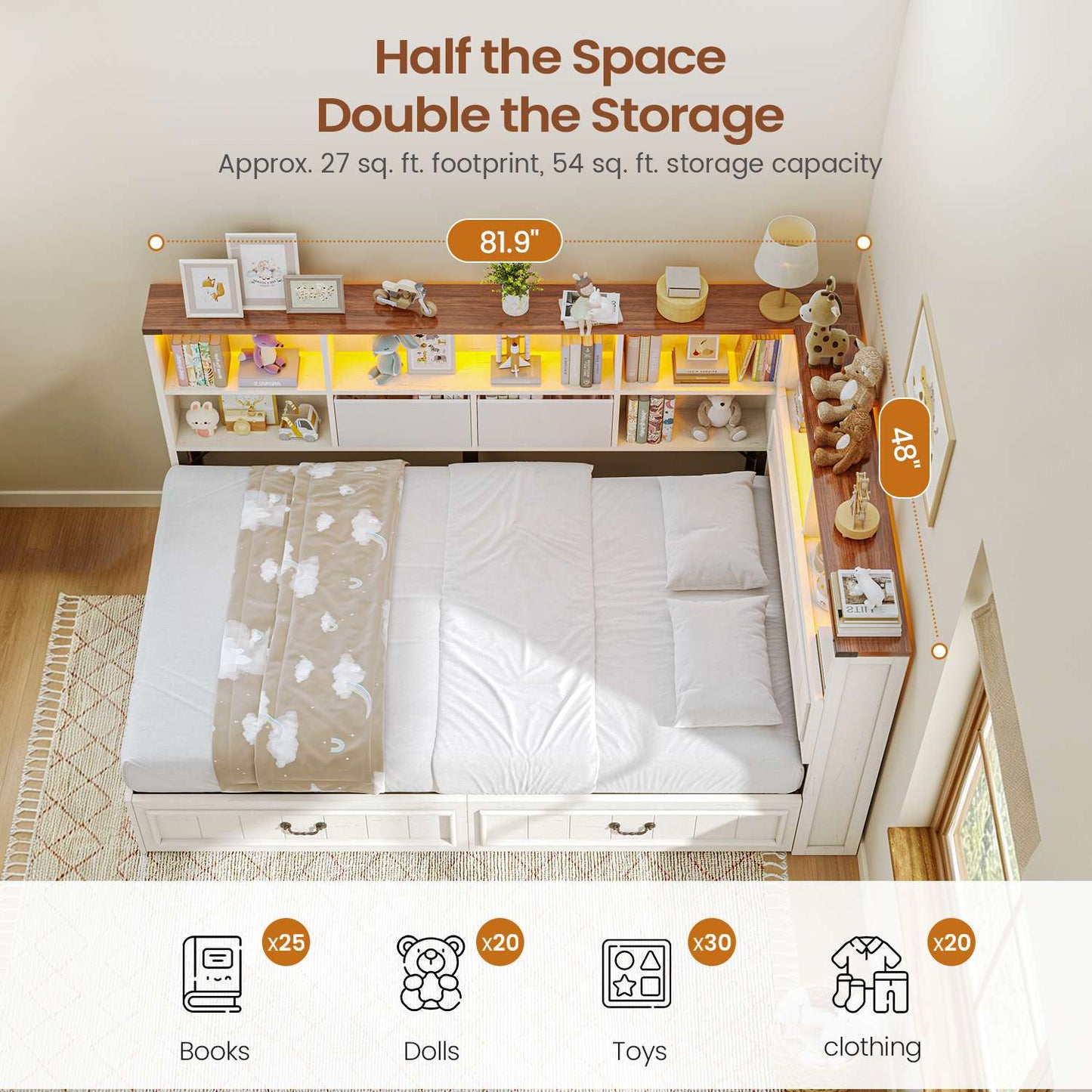 AOGLLATI Twin Corner Bed Frame with Storage Drawers and Bookcase Hidden Headboard Farmhouse Wood Daybed with Charging Station and Led Lights
