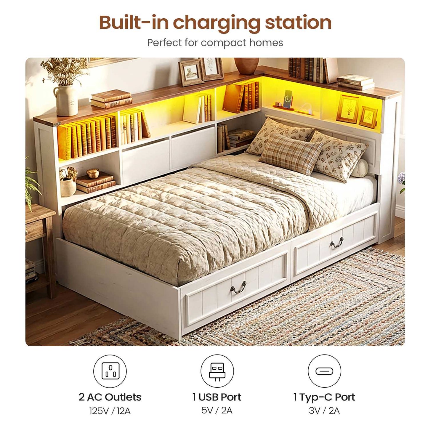 AOGLLATI Twin Corner Bed Frame with Storage Drawers and Bookcase Hidden Headboard Farmhouse Wood Daybed with Charging Station and Led Lights