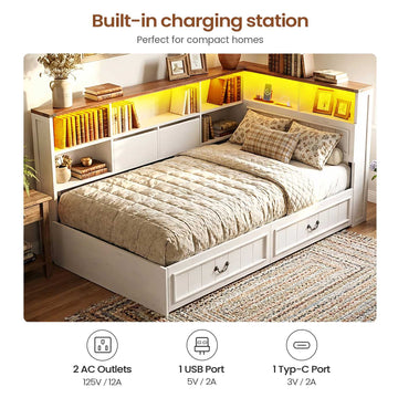 AOGLLATI Twin Corner Bed Frame with Storage Drawers and Bookcase Hidden Headboard Farmhouse Wood Daybed with Charging Station and Led Lights