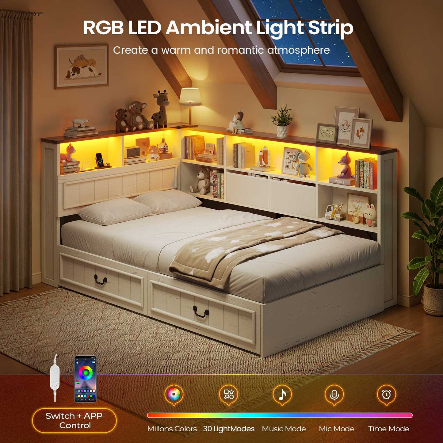 AOGLLATI Twin Corner Bed Frame with Storage Drawers and Bookcase Hidden Headboard Farmhouse Wood Daybed with Charging Station and Led Lights