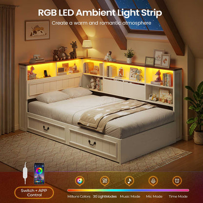 AOGLLATI Twin Corner Bed Frame with Storage Drawers and Bookcase Hidden Headboard Farmhouse Wood Daybed with Charging Station and Led Lights