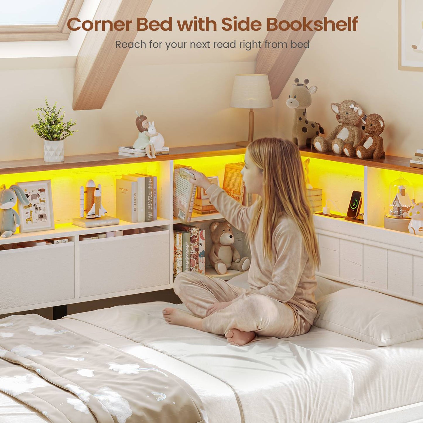 AOGLLATI Twin Corner Bed Frame with Storage Drawers and Bookcase Hidden Headboard Farmhouse Wood Daybed with Charging Station and Led Lights
