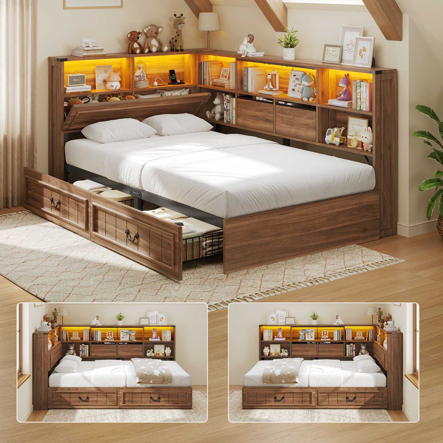 AOGLLATI Twin Corner Bed Frame with Storage Drawers and Bookcase Hidden Headboard Farmhouse Wood Daybed with Charging Station and Led Lights