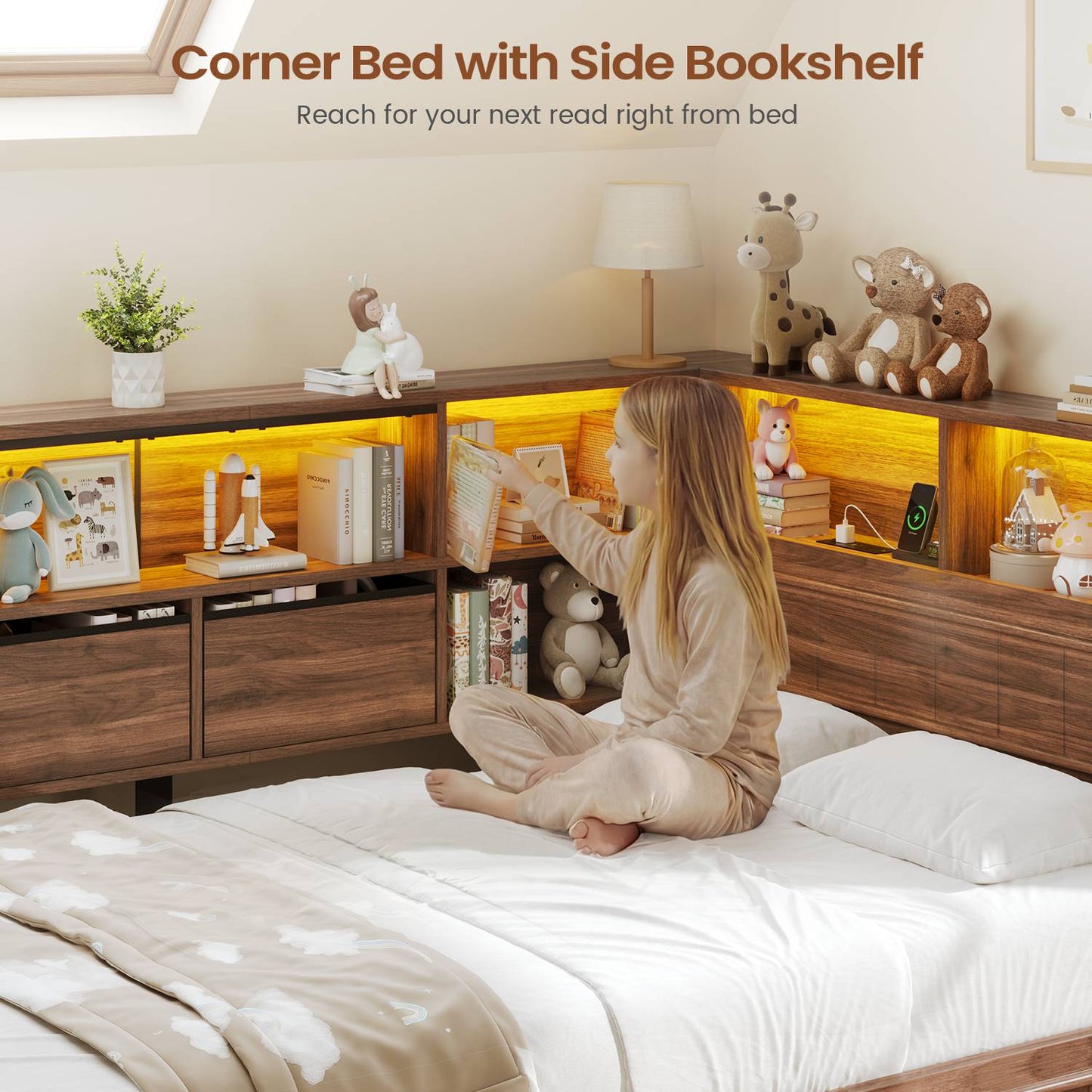 AOGLLATI Twin Corner Bed Frame with Storage Drawers and Bookcase Hidden Headboard Farmhouse Wood Daybed with Charging Station and Led Lights