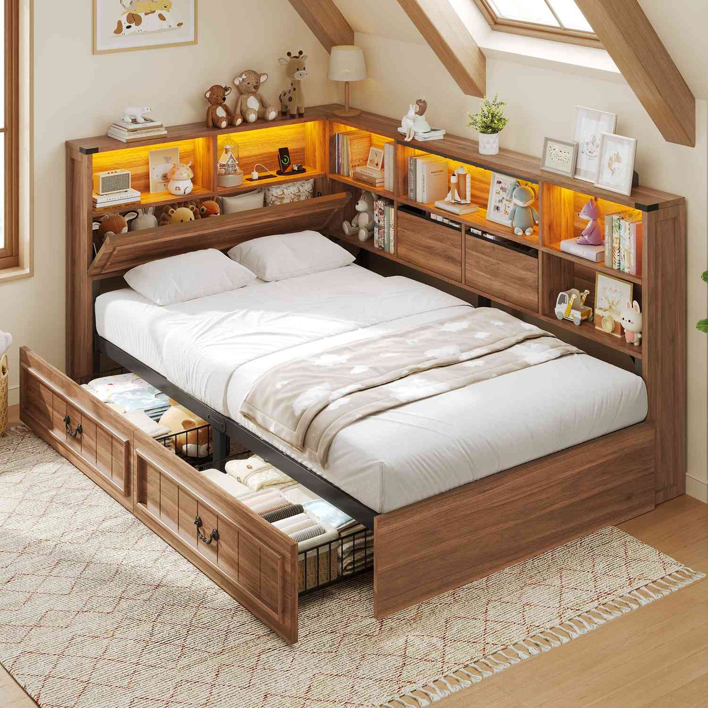 AOGLLATI Twin Corner Bed Frame with Storage Drawers and Bookcase Hidden Headboard Farmhouse Wood Daybed with Charging Station and Led Lights