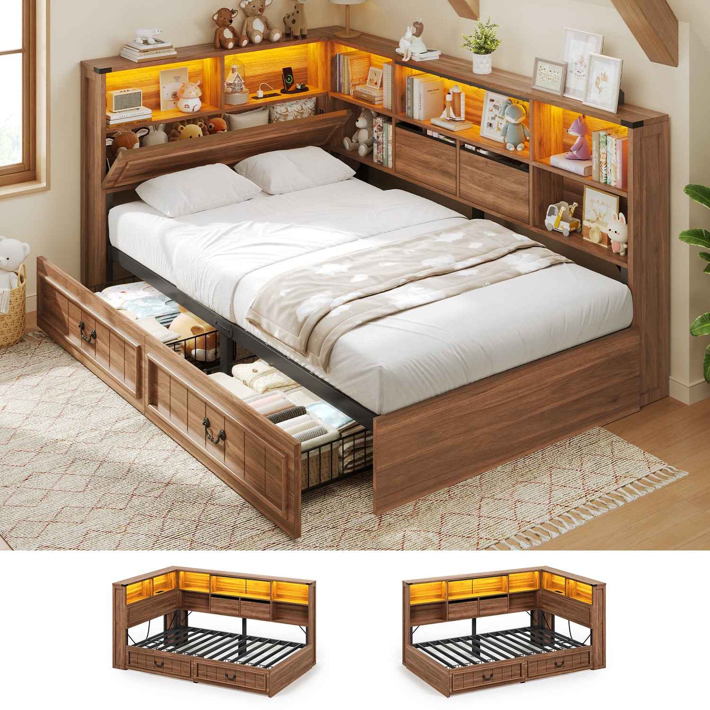 AOGLLATI Twin Corner Bed Frame with Storage Drawers and Bookcase Hidden Headboard Farmhouse Wood Daybed with Charging Station and Led Lights