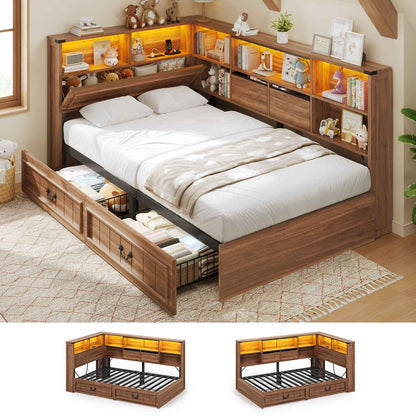 AOGLLATI Twin Corner Bed Frame with Storage Drawers and Bookcase Hidden Headboard Farmhouse Wood Daybed with Charging Station and Led Lights