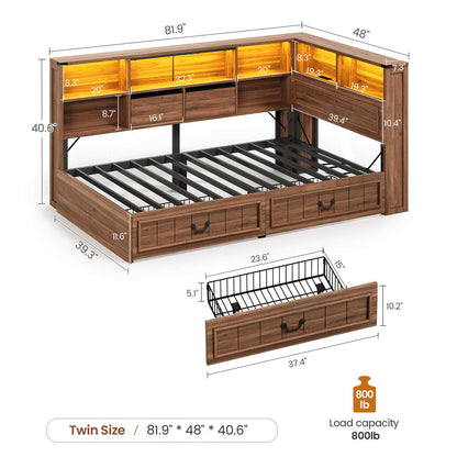 AOGLLATI Twin Corner Bed Frame with Storage Drawers and Bookcase Hidden Headboard Farmhouse Wood Daybed with Charging Station and Led Lights
