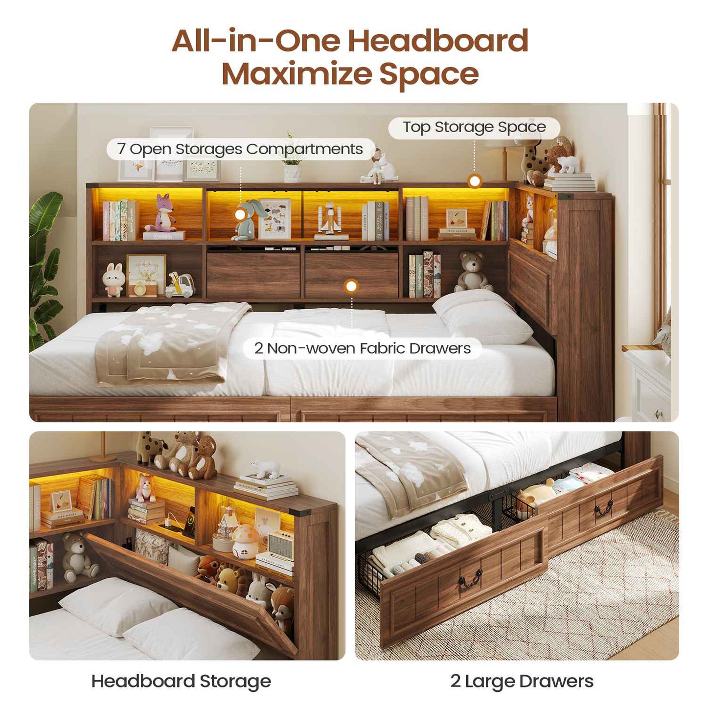AOGLLATI Twin Corner Bed Frame with Storage Drawers and Bookcase Hidden Headboard Farmhouse Wood Daybed with Charging Station and Led Lights