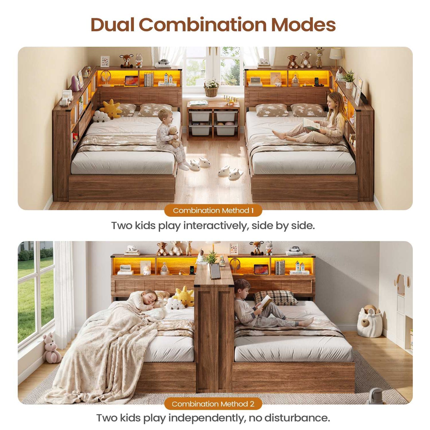 AOGLLATI Twin Corner Bed Frame with Storage Drawers and Bookcase Hidden Headboard Farmhouse Wood Daybed with Charging Station and Led Lights