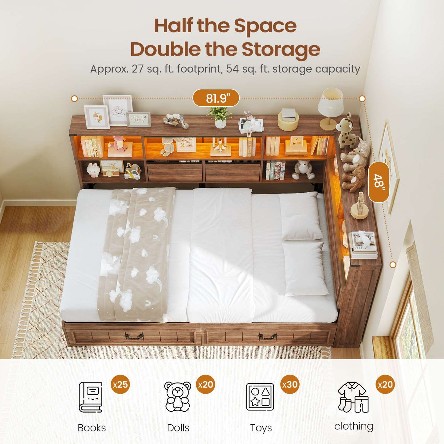 AOGLLATI Twin Corner Bed Frame with Storage Drawers and Bookcase Hidden Headboard Farmhouse Wood Daybed with Charging Station and Led Lights