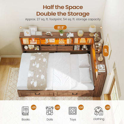 AOGLLATI Twin Corner Bed Frame with Storage Drawers and Bookcase Hidden Headboard Farmhouse Wood Daybed with Charging Station and Led Lights