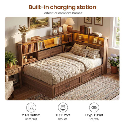 AOGLLATI Twin Corner Bed Frame with Storage Drawers and Bookcase Hidden Headboard Farmhouse Wood Daybed with Charging Station and Led Lights