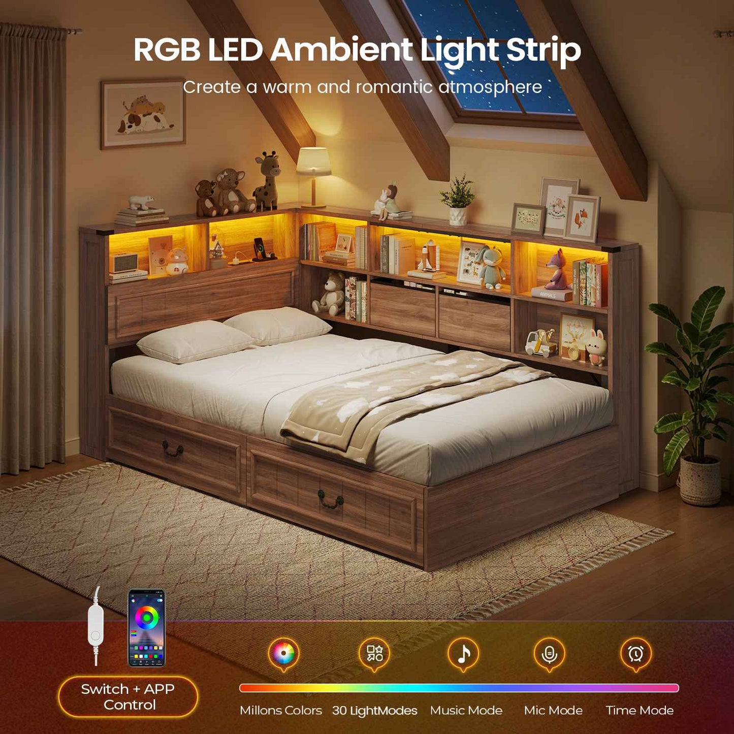 AOGLLATI Twin Corner Bed Frame with Storage Drawers and Bookcase Hidden Headboard Farmhouse Wood Daybed with Charging Station and Led Lights