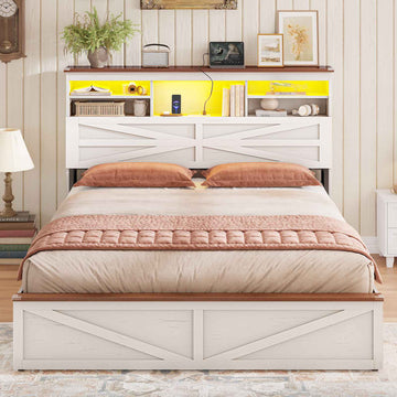 AOGLLATI Farmhouse Full Size Bed Frame with Lift Up Storage and Hidden Bookcase Headboard Wood Bed Frame with Charging Station and Led Lights