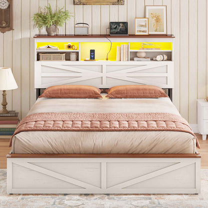 AOGLLATI Farmhouse Full Size Bed Frame with Lift Up Storage and Hidden Bookcase Headboard Wood Bed Frame with Charging Station and Led Lights