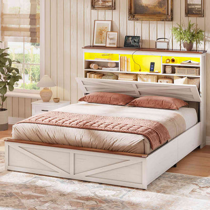 AOGLLATI Farmhouse Full Size Bed Frame with Lift Up Storage and Hidden Bookcase Headboard Wood Bed Frame with Charging Station and Led Lights