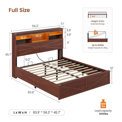 AOGLLATI Farmhouse Full Size Bed Frame with Lift Up Storage and Hidden Bookcase Headboard Wood Bed Frame with Charging Station and Led Lights