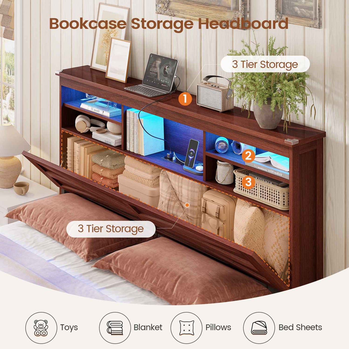 AOGLLATI Farmhouse Full Size Bed Frame with Lift Up Storage and Hidden Bookcase Headboard Wood Bed Frame with Charging Station and Led Lights