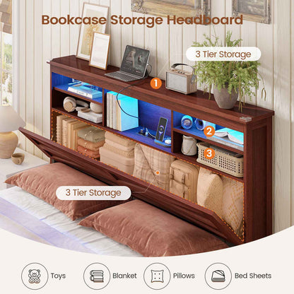 AOGLLATI Farmhouse Full Size Bed Frame with Lift Up Storage and Hidden Bookcase Headboard Wood Bed Frame with Charging Station and Led Lights