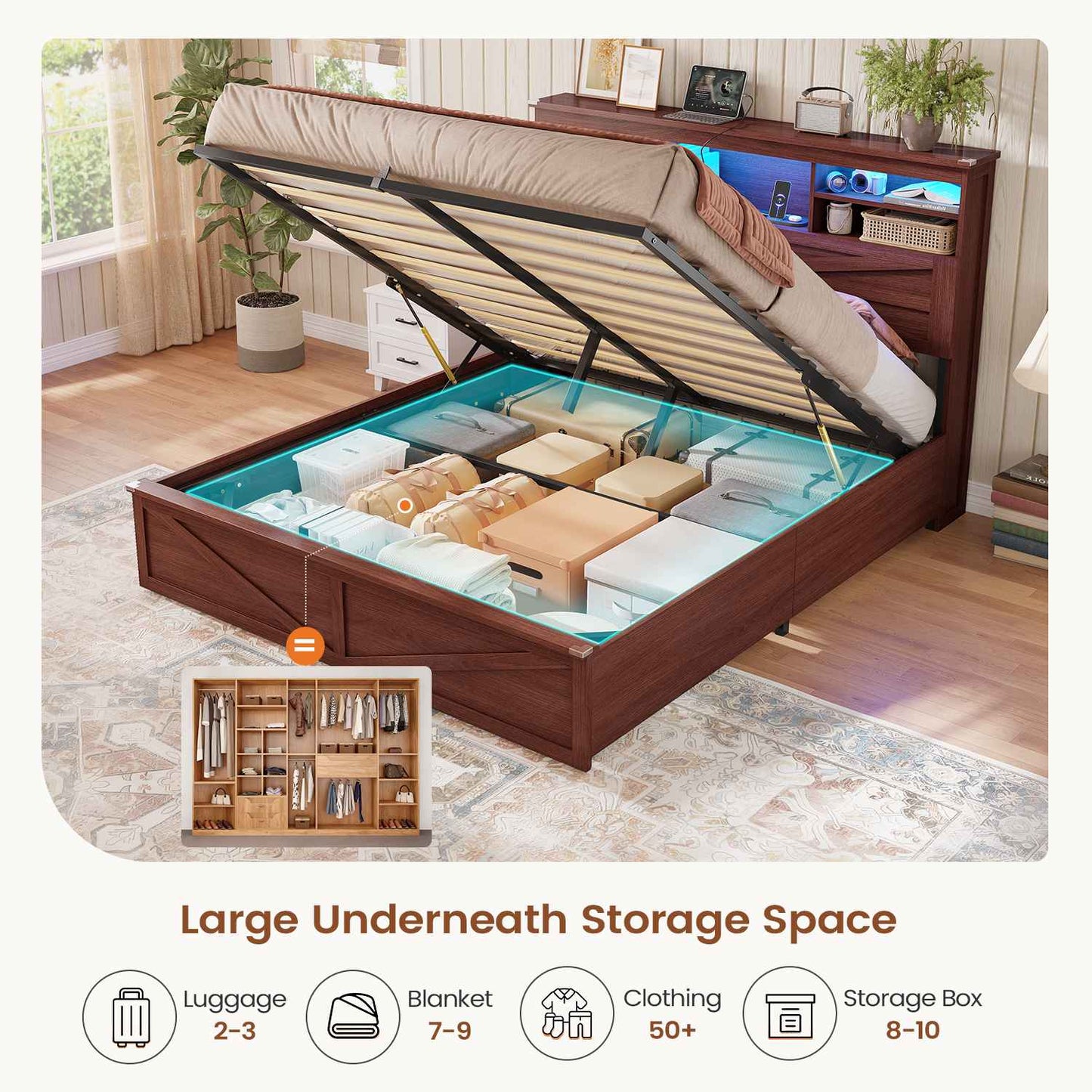 AOGLLATI Farmhouse Full Size Bed Frame with Lift Up Storage and Hidden Bookcase Headboard Wood Bed Frame with Charging Station and Led Lights