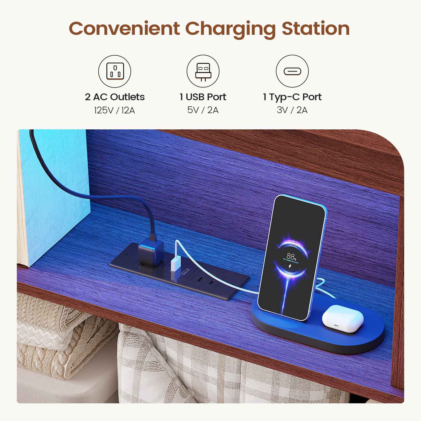 AOGLLATI Farmhouse Full Size Bed Frame with Lift Up Storage and Hidden Bookcase Headboard Wood Bed Frame with Charging Station and Led Lights