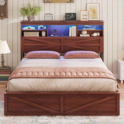 AOGLLATI Farmhouse Full Size Bed Frame with Lift Up Storage and Hidden Bookcase Headboard Wood Bed Frame with Charging Station and Led Lights