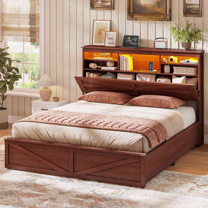 AOGLLATI Farmhouse Full Size Bed Frame with Lift Up Storage and Hidden Bookcase Headboard Wood Bed Frame with Charging Station and Led Lights
