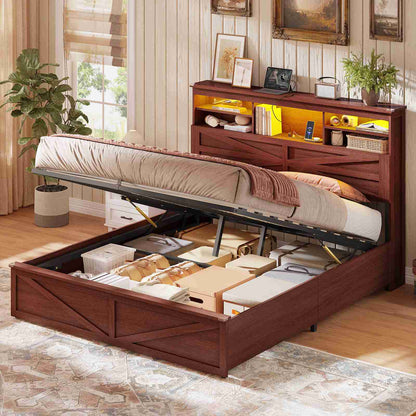 AOGLLATI Farmhouse Full Size Bed Frame with Lift Up Storage and Hidden Bookcase Headboard Wood Bed Frame with Charging Station and Led Lights