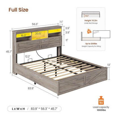 AOGLLATI Farmhouse Full Size Bed Frame with Lift Up Storage and Hidden Bookcase Headboard Wood Bed Frame with Charging Station and Led Lights