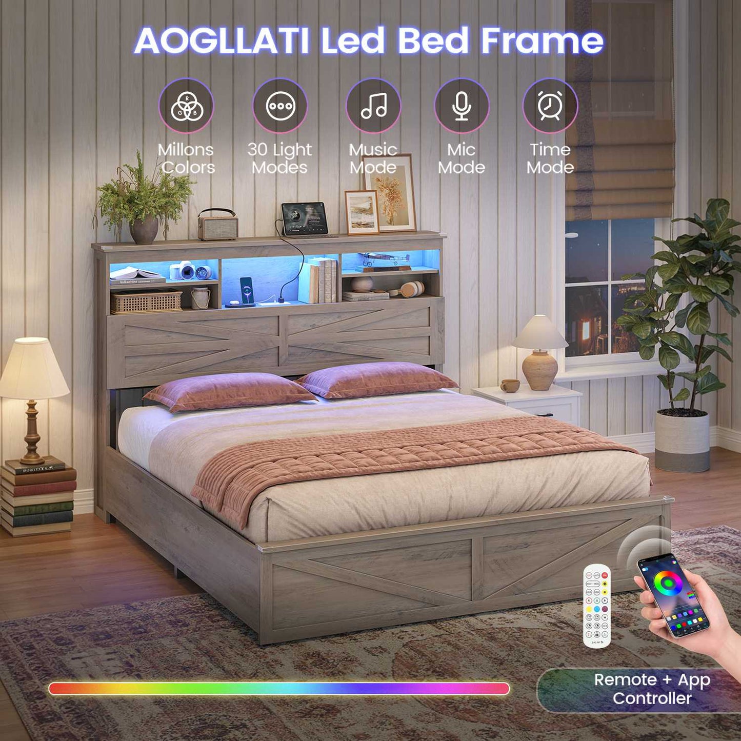 AOGLLATI Farmhouse Full Size Bed Frame with Lift Up Storage and Hidden Bookcase Headboard Wood Bed Frame with Charging Station and Led Lights