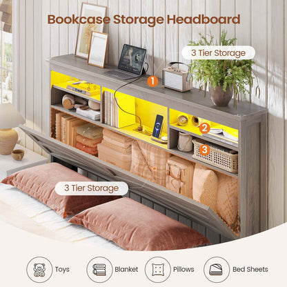 AOGLLATI Farmhouse Full Size Bed Frame with Lift Up Storage and Hidden Bookcase Headboard Wood Bed Frame with Charging Station and Led Lights