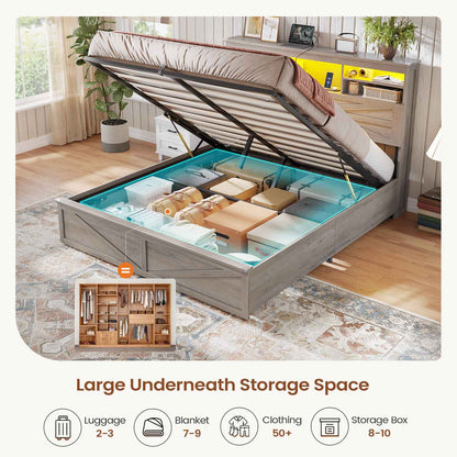 AOGLLATI Farmhouse Full Size Bed Frame with Lift Up Storage and Hidden Bookcase Headboard Wood Bed Frame with Charging Station and Led Lights