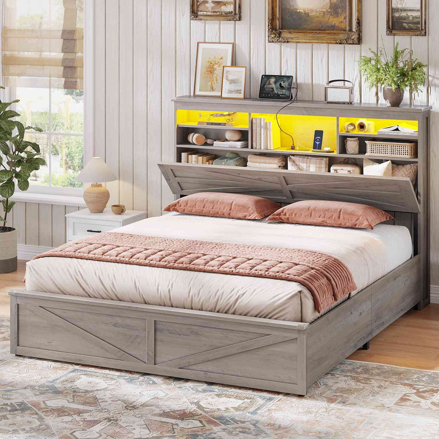 AOGLLATI Farmhouse Full Size Bed Frame with Lift Up Storage and Hidden Bookcase Headboard Wood Bed Frame with Charging Station and Led Lights