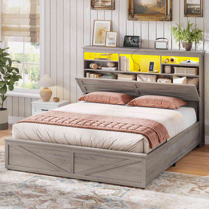 AOGLLATI Farmhouse Full Size Bed Frame with Lift Up Storage and Hidden Bookcase Headboard Wood Bed Frame with Charging Station and Led Lights