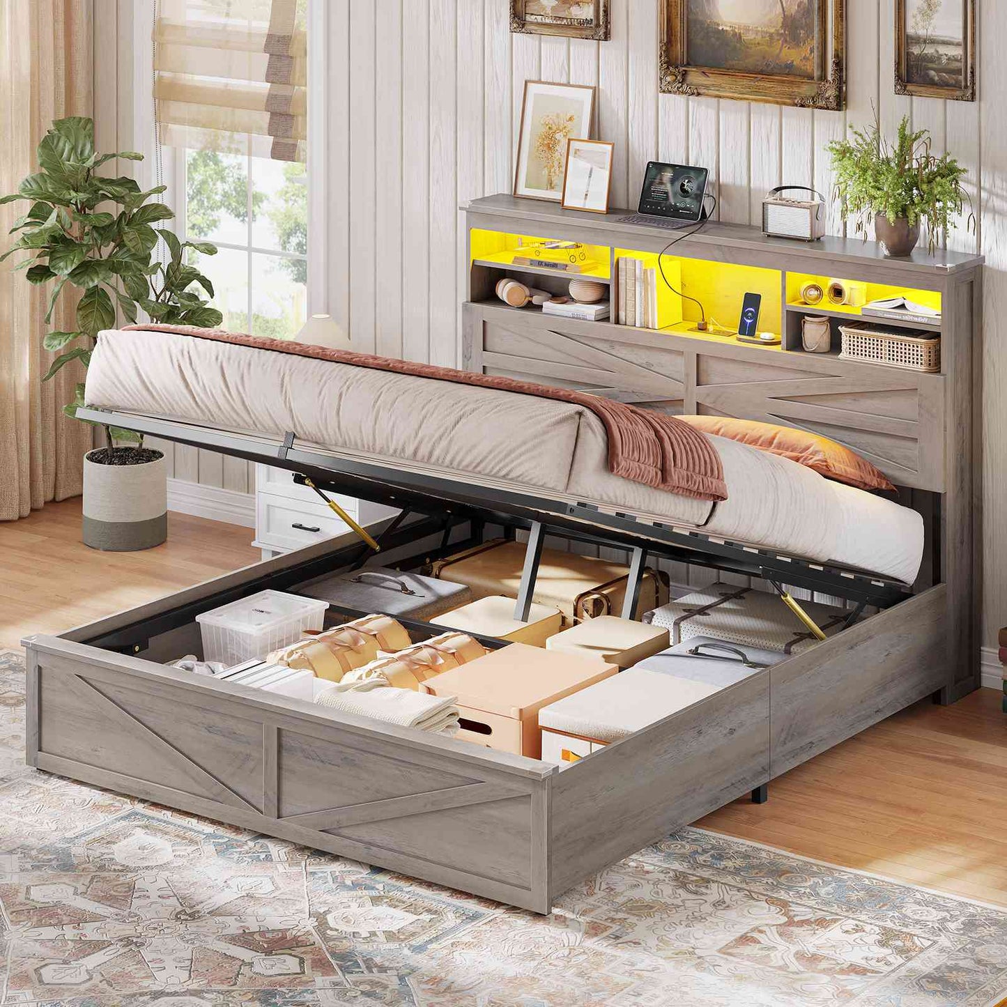 AOGLLATI Farmhouse Full Size Bed Frame with Lift Up Storage and Hidden Bookcase Headboard Wood Bed Frame with Charging Station and Led Lights