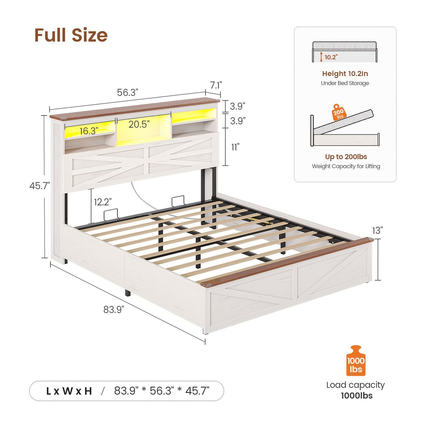 AOGLLATI Farmhouse Full Size Bed Frame with Lift Up Storage and Hidden Bookcase Headboard Wood Bed Frame with Charging Station and Led Lights