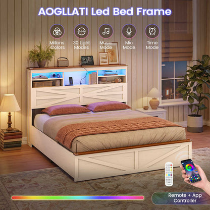 AOGLLATI Farmhouse Full Size Bed Frame with Lift Up Storage and Hidden Bookcase Headboard Wood Bed Frame with Charging Station and Led Lights