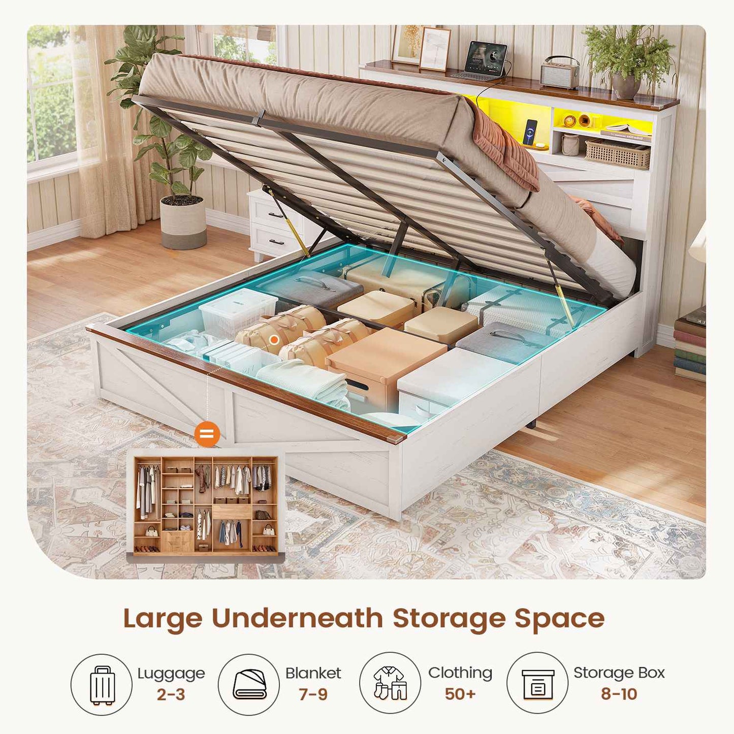AOGLLATI Farmhouse Full Size Bed Frame with Lift Up Storage and Hidden Bookcase Headboard Wood Bed Frame with Charging Station and Led Lights