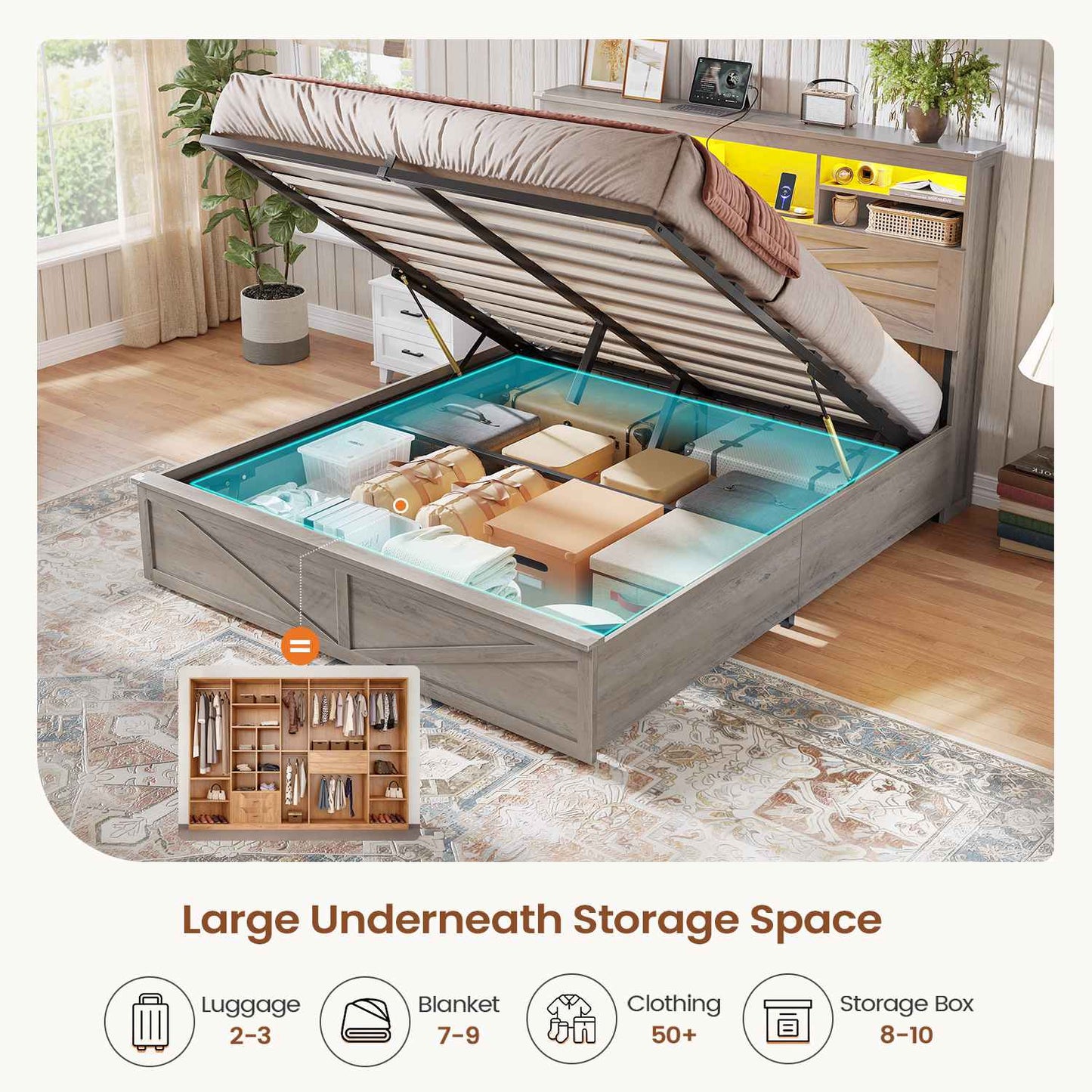 AOGLLATI Farmhouse Bed Frame Queen Size with Lift Up Storage and Hidden Bookcase Storage Headboard Wood Bed Frame with Charging Station and Led Lights