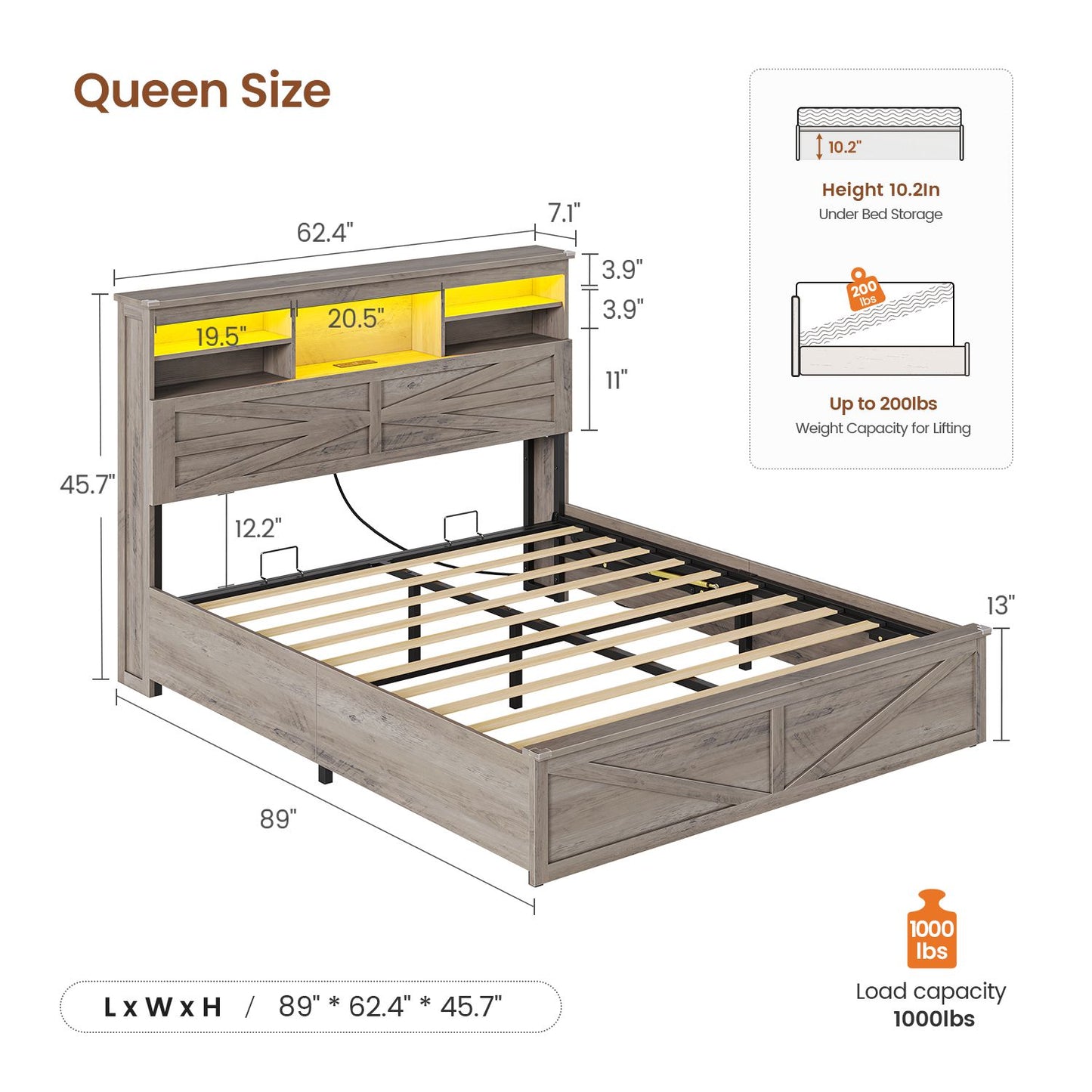 AOGLLATI Farmhouse Bed Frame Queen Size with Lift Up Storage and Hidden Bookcase Storage Headboard Wood Bed Frame with Charging Station and Led Lights