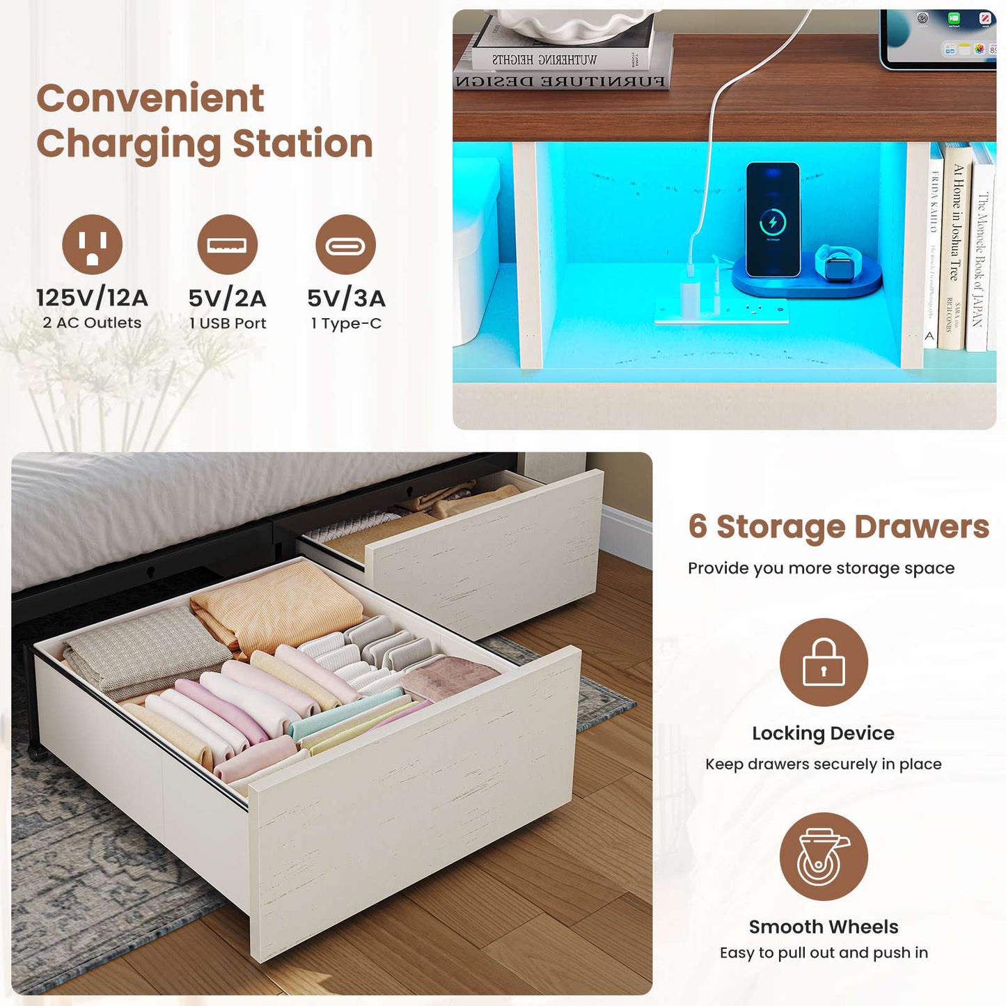AOGLLATI Farmhouse Full Bed Frame with 6 Storage Drawers and Charging Station LED Wood Bed Frame with 3-Tier Storage Bookcase Headboard and Hidden Storage