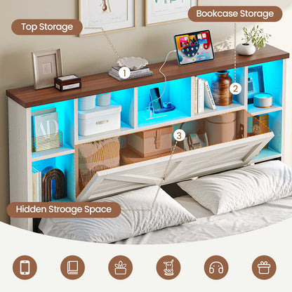 AOGLLATI Farmhouse Full Bed Frame with 6 Storage Drawers and Charging Station LED Wood Bed Frame with 3-Tier Storage Bookcase Headboard and Hidden Storage