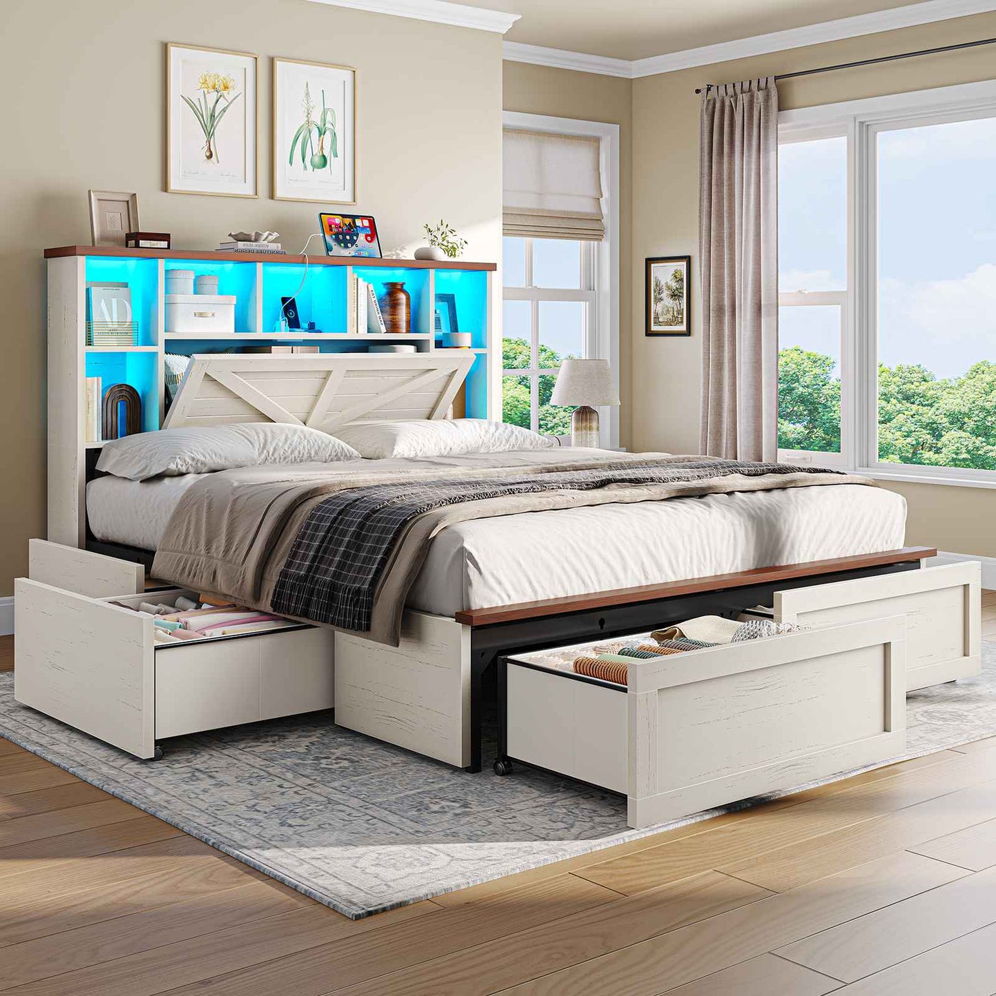 AOGLLATI Farmhouse Full Bed Frame with 6 Storage Drawers and Charging Station LED Wood Bed Frame with 3-Tier Storage Bookcase Headboard and Hidden Storage