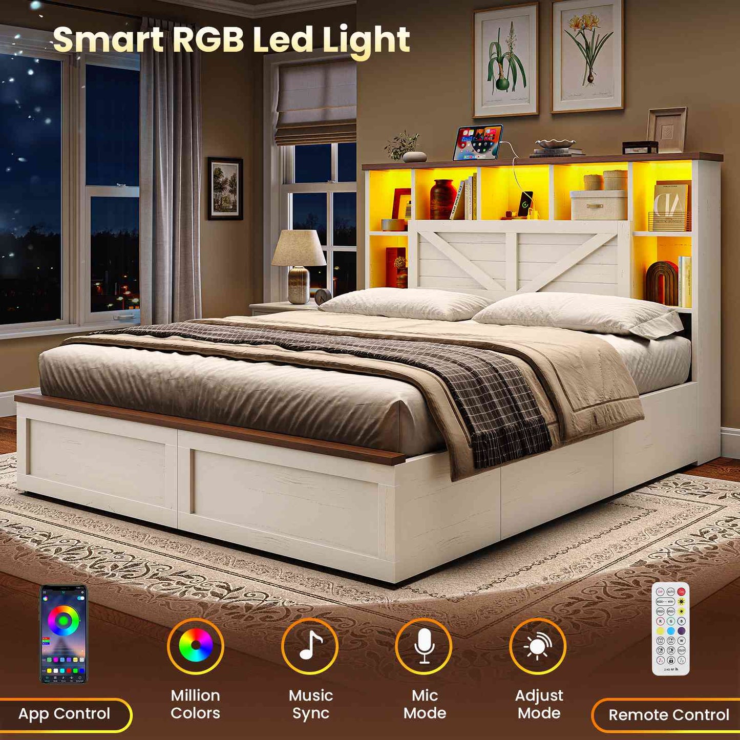AOGLLATI Farmhouse Full Bed Frame with 6 Storage Drawers and Charging Station LED Wood Bed Frame with 3-Tier Storage Bookcase Headboard and Hidden Storage