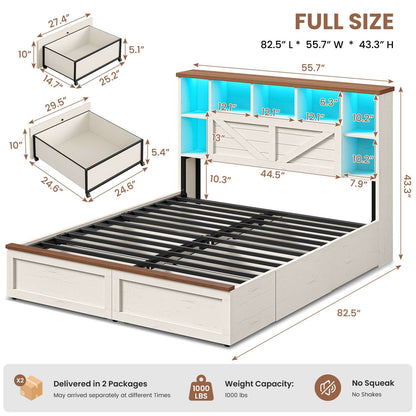 AOGLLATI Farmhouse Full Bed Frame with 6 Storage Drawers and Charging Station LED Wood Bed Frame with 3-Tier Storage Bookcase Headboard and Hidden Storage