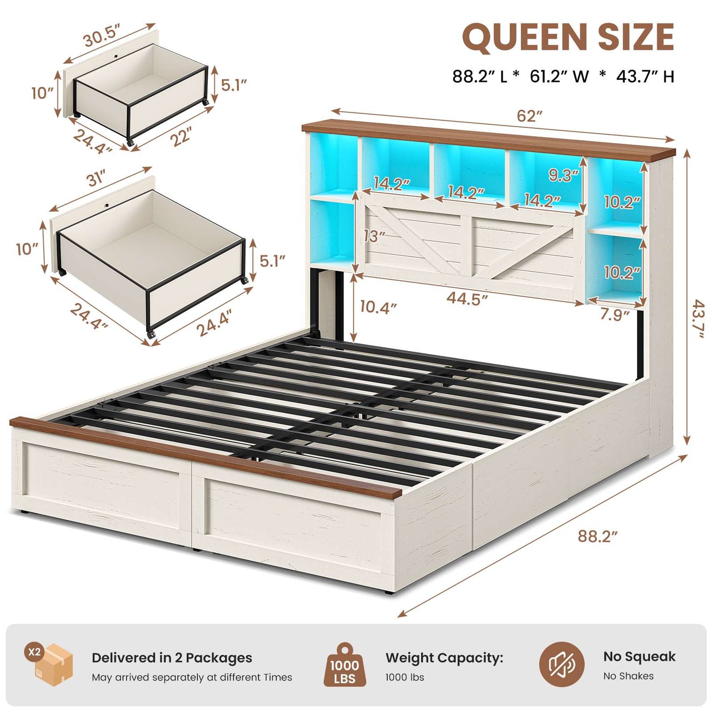 AOGLLATI Farmhouse Queen Bed Frame with 6 Storage Drawers and Charging Station LED Bed Frame with 3-Tier Storage Bookcase Headboard with Hidden Storage