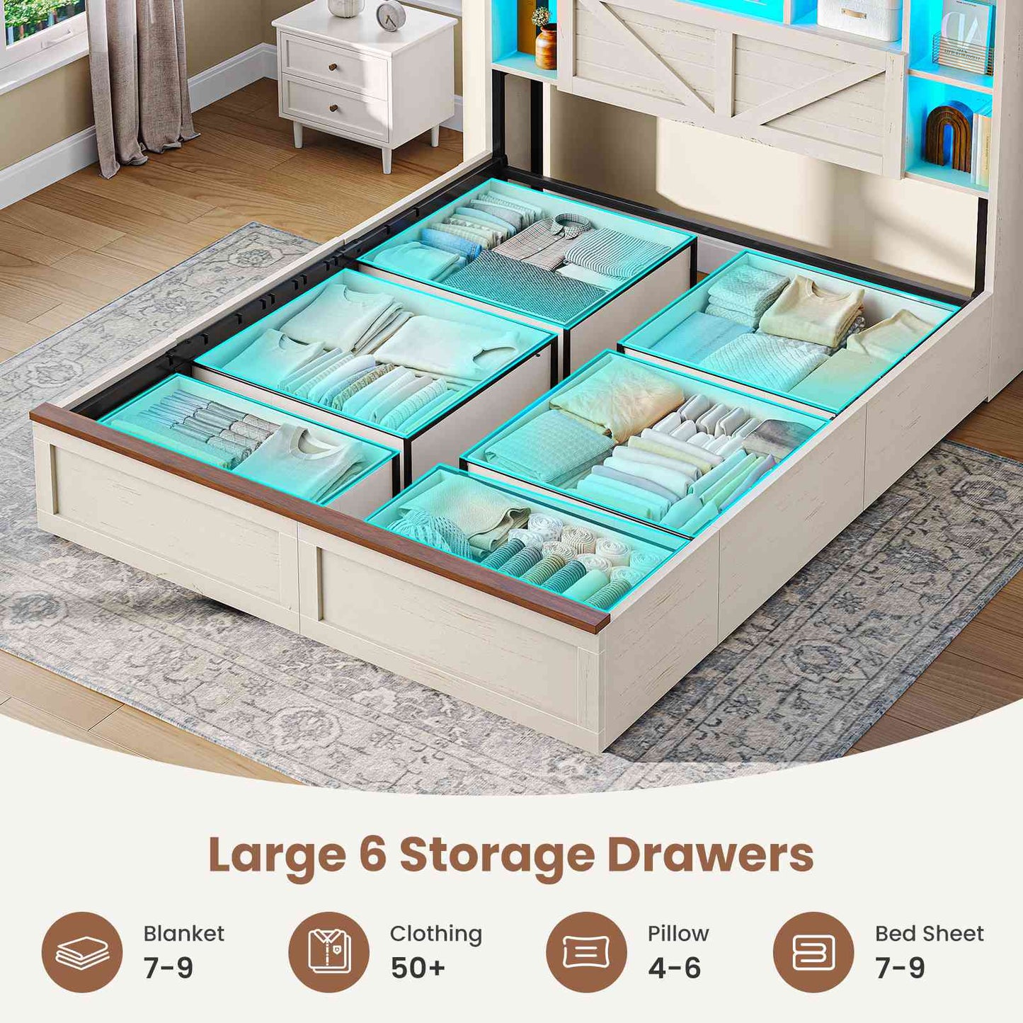 AOGLLATI Farmhouse Full Bed Frame with 6 Storage Drawers and Charging Station LED Wood Bed Frame with 3-Tier Storage Bookcase Headboard and Hidden Storage