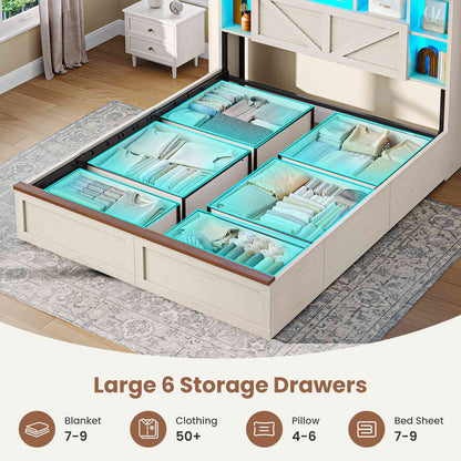 AOGLLATI Farmhouse Queen Bed Frame with 6 Storage Drawers and Charging Station LED Bed Frame with 3-Tier Storage Bookcase Headboard with Hidden Storage